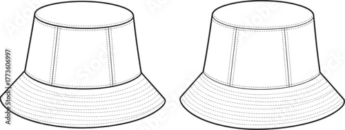 Bucket hat fashion illustration, technical drawing design, sewing pattern template, apparel accessory sketch, brim detail, stitching lines, vector outline, headwear concept