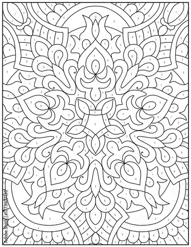 Intricate mandala design with numbered sections for a color by number activity