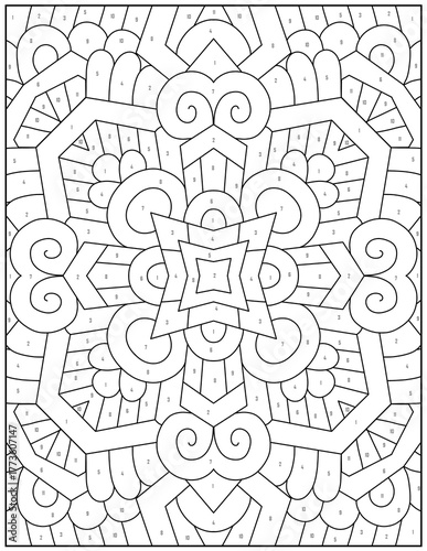 Intricate black and white mandala style pattern with numbered sections for coloring