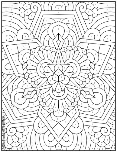 Detailed geometric pattern with numbered sections for color by number activity