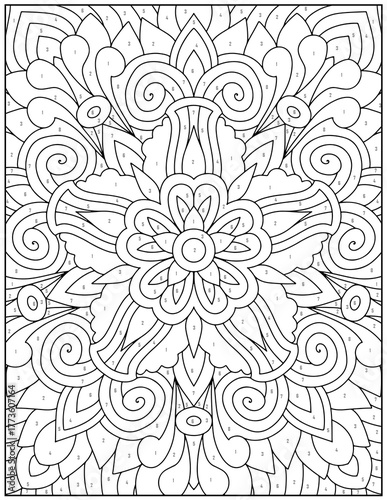 Detailed floral pattern with numbers for color by number activity page design art