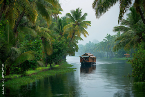 Monsoon season in Kerala with lush greenery, a traditional houseboat on the backwaters and distant temple