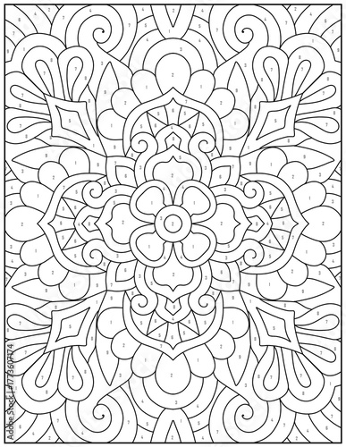 Intricate floral pattern with numbered sections for a color by number activity page