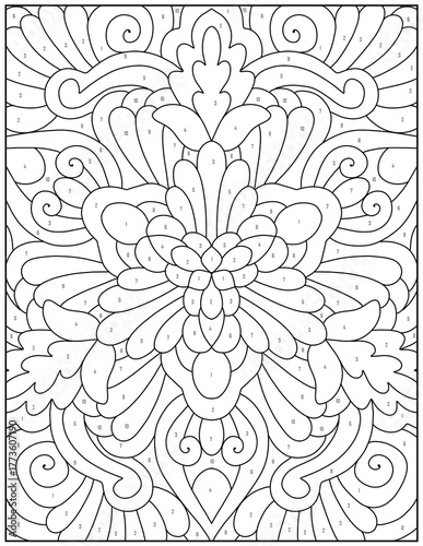 Ornate coloring page with floral and swirl patterns and numbered sections for color