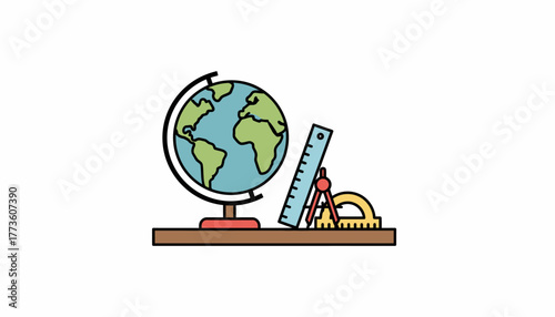 A globe sitting on a teachers desk showcasing various countries accompanied by a ruler and a set of math tools.