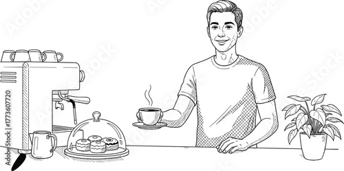 Café barista serving hot coffee, smiling waiter behind counter, modern coffee shop interior, pastries on display, cozy café atmosphere, hospitality service