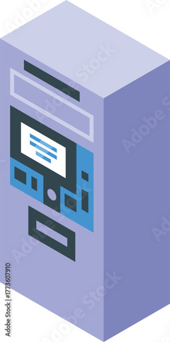 Atm cash machine showing payment terminal processing transaction with isometric vector illustration