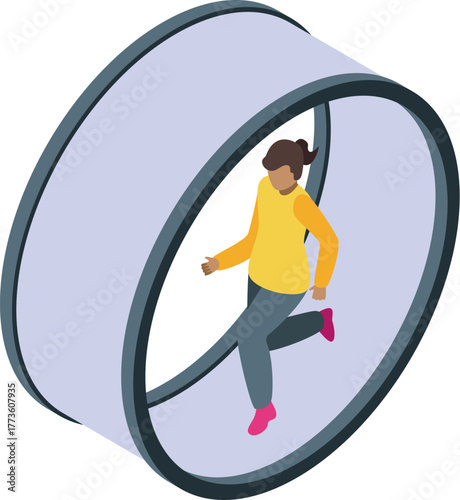 Woman engaging with immersive technology, running inside a cylindrical virtual reality simulator