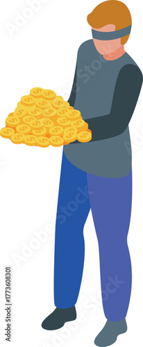 Blindfolded man holding pile of gold coins, representing corruption, financial crime, and lack of transparency