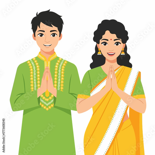 Illustration of a smiling Indian man and woman in traditional clothing with hands together in greeting on a white background