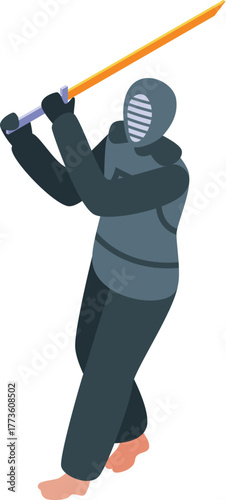 Kendo fighter is performing a kendo stance with bamboo sword during a kendo practice