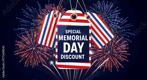 Memorial Day Sale Illustration with Hanging Price Tags and Fireworks