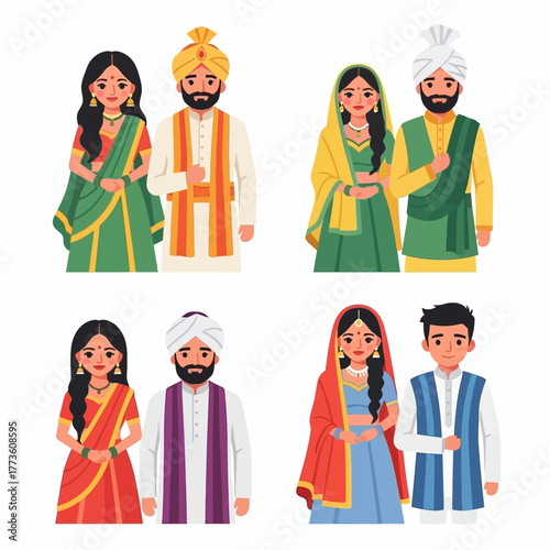 Illustration of diverse Indian couples in traditional attire standing together