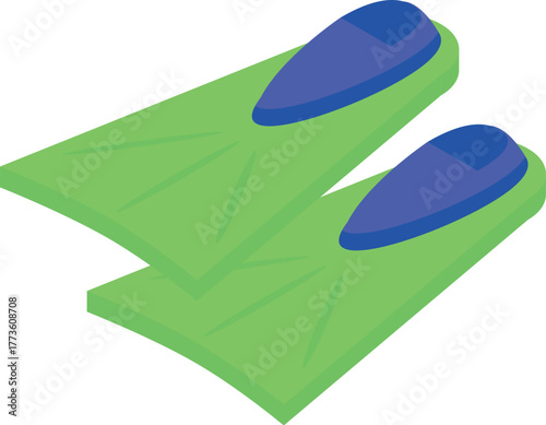 Pair of green diving flippers with blue foot pockets, essential equipment for scuba diving and snorkeling