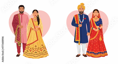 Illustration of Indian couples in traditional attire with vibrant colors against a pink heart background