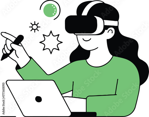 A woman with vr headset using a stylus and laptop with abstract shapes around her in a minimalist style