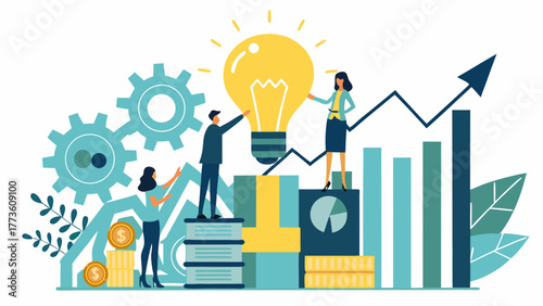 Business team collaborates on innovative ideas and financial growth with gears lightbulb and charts