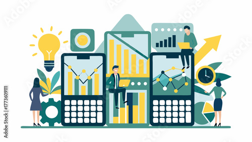 Business professionals analyze financial data and charts on digital devices to achieve growth and innovation