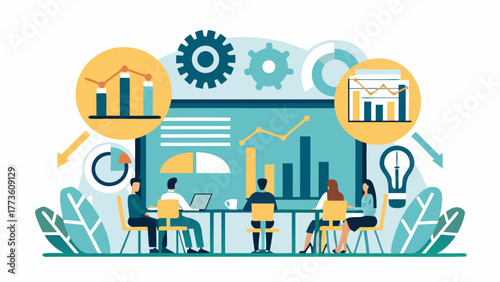 Business team collaborating around a table analyzing charts and graphs for strategic planning and idea generation