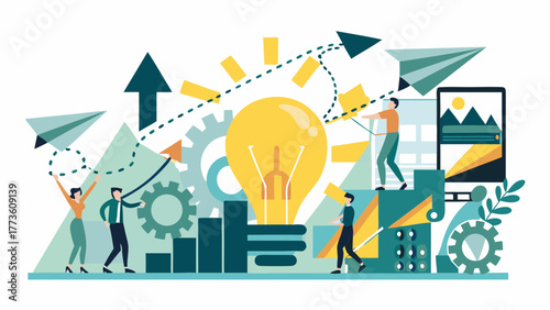 Teamwork and innovation drive business growth with a bright idea symbolized by a large lightbulb