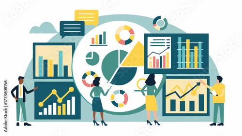 Diverse team collaborates on data analysis and financial reporting with colorful charts and graphs