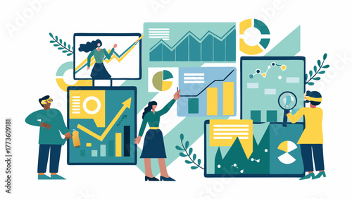 Diverse team collaborates on data analysis and financial growth using charts and graphs in a modern office setting