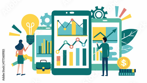 Business analytics and financial growth visualized through mobile devices charts and a bright idea lightbulb