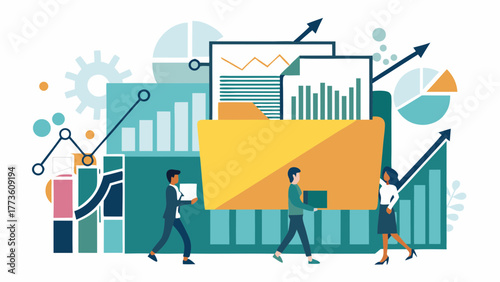 Business professionals collaborate on data analysis and financial growth with charts and graphs
