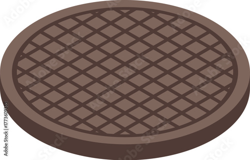 Isometric view of a round manhole cover, providing a safe and secure covering for a sewer entrance
