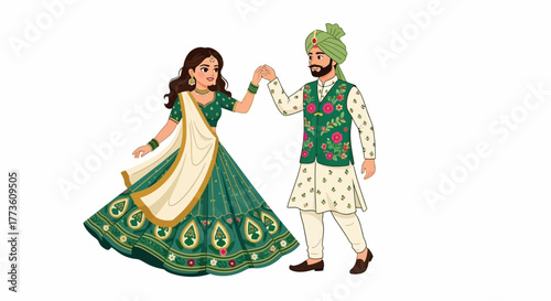 Illustration of a traditional Indian couple dancing together in formal attire with green and white clothing