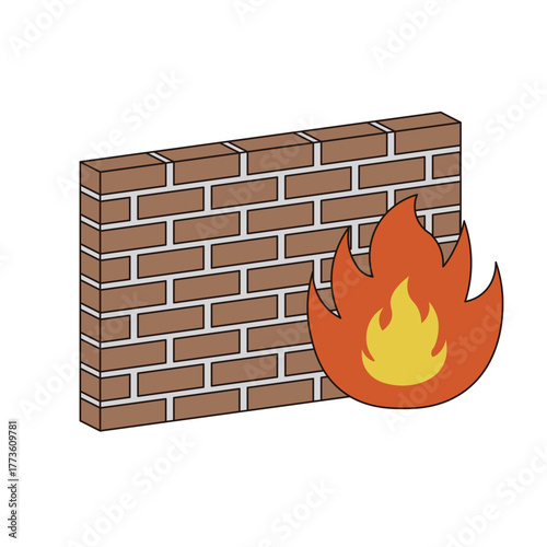 ファイアウォールのイラスト／Firewallのセキュリティ保護概念／インターネット防御のシンボルイメージ