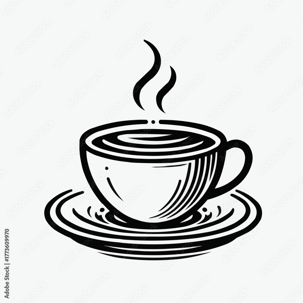 Obraz premium Hand-drawn coffee cup illustration with steam and saucer on light background