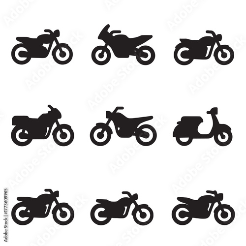Simple Black Silhouette Different Motorcycle Style Type Icon Set Collection