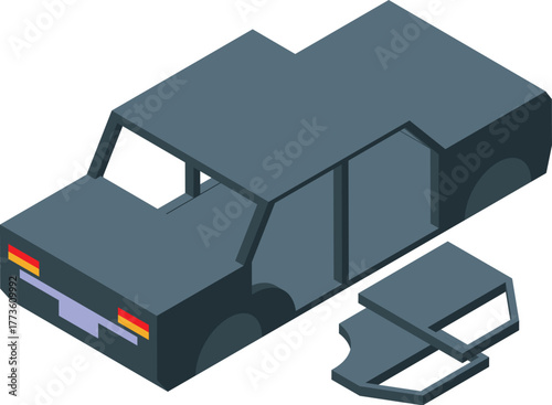 Car body frame being assembled with doors and other parts aside, isometric view