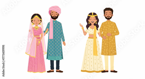 Illustration of four people wearing traditional Indian clothing standing together