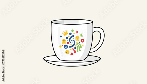 A plain white mug p on a small saucer reflecting the joy found in everyday objects of excess.