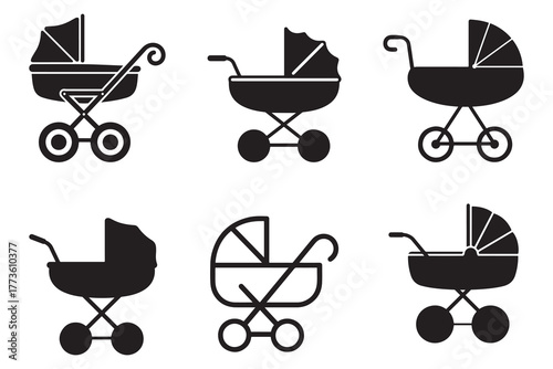 Baby Stroller Icon Set – Pram and Carriage Silhouette Collection