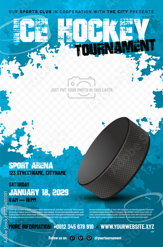 Ice hockey tournament poster template with photo place