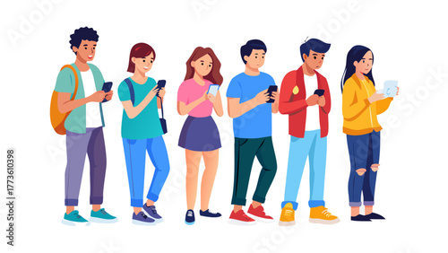 Group of diverse teenagers using smartphones for social media. Friends texting and chatting online. Generation Z communication concept with mobile phones. Vector cartoon illustration. vector icon
