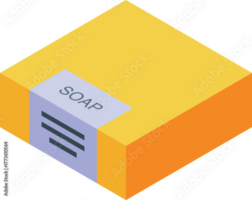 Isometric solid soap piece wrapped in paper label for hygiene and cleaning