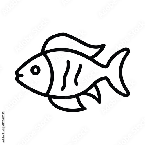 Minimalist fish icon illustration with clean lines, representing aquatic life, seafood, and ocean themes for web design