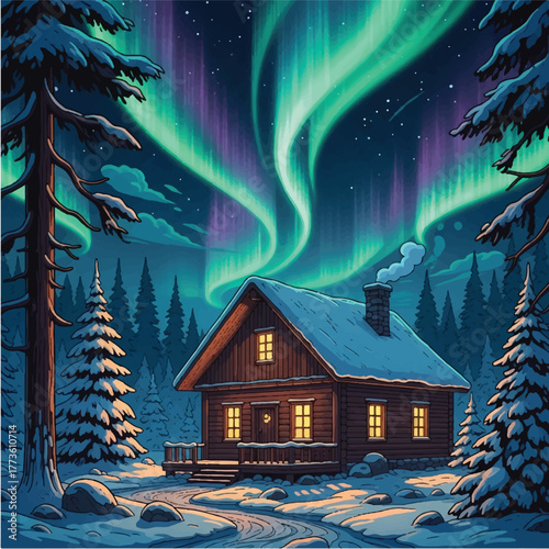 house in the forest with a Arora light