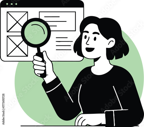 Woman holding a magnifying glass inspecting a web page design with a green background circle shape