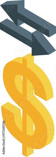 Isometric dollar sign with double arrow pointing down, representing money transfer, financial flow, or economic downturn