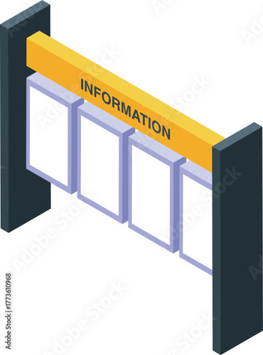 Modern information booth with interactive digital screens showing blank templates for displaying important public messages