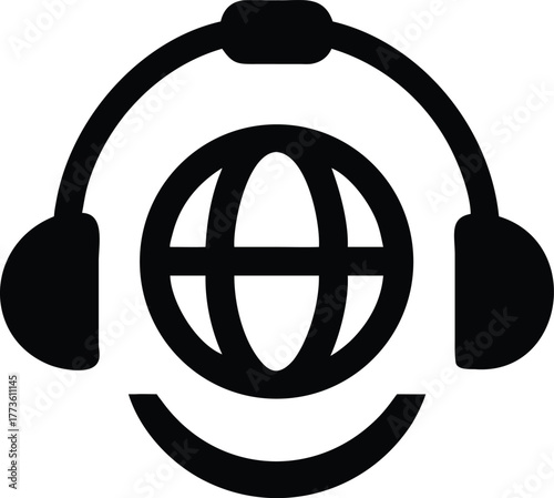 Headphones globe silhouette vector icon for global audio and music