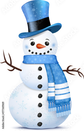 Snowman with blue hat and blue scarf with snowflakes