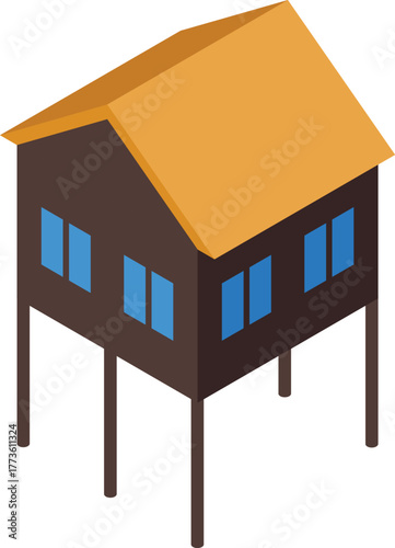 Isometric view of a traditional stilt house featuring a distinctive yellow roof and blue windows