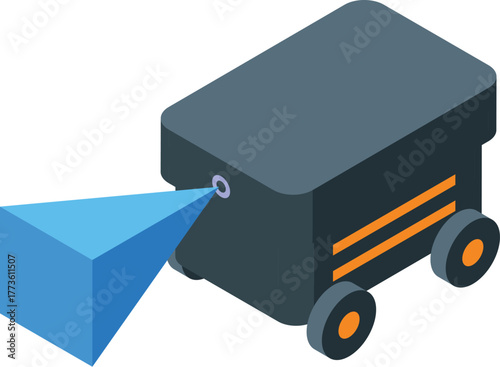 Autonomous mobile robot scanning blue cube with laser beam, automating tasks in modern factory