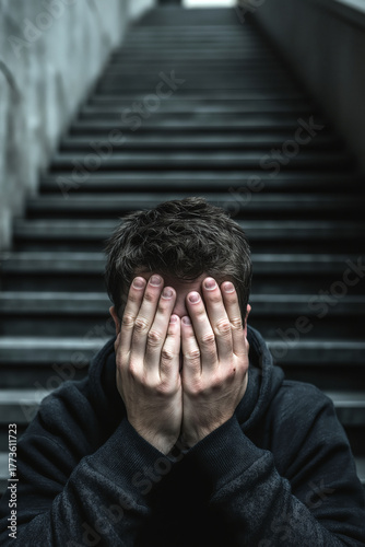 Young man collapsed on stairway, panic attack, hands covering his face, urban atmosphere